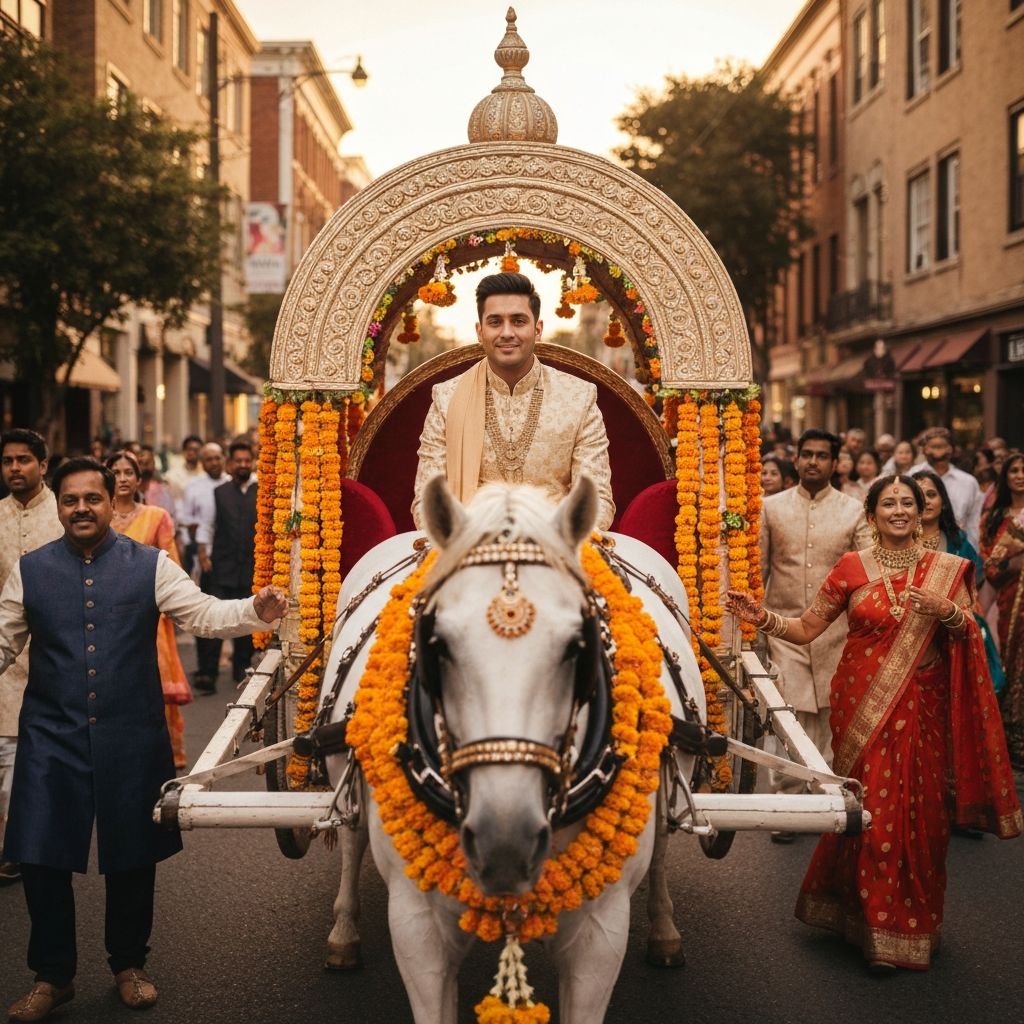 Groom on beautifully decorated baggi at a wedding baraat