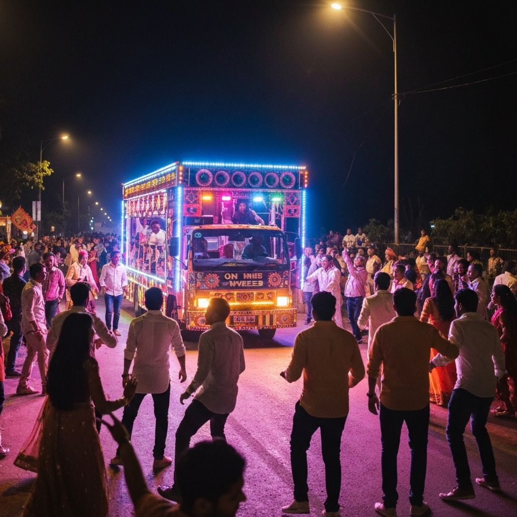 DJ on wheels truck with speakers and lights at baraat